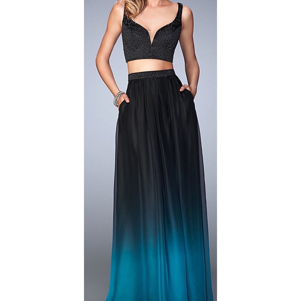 Two piece, black and blue ombré prom dress